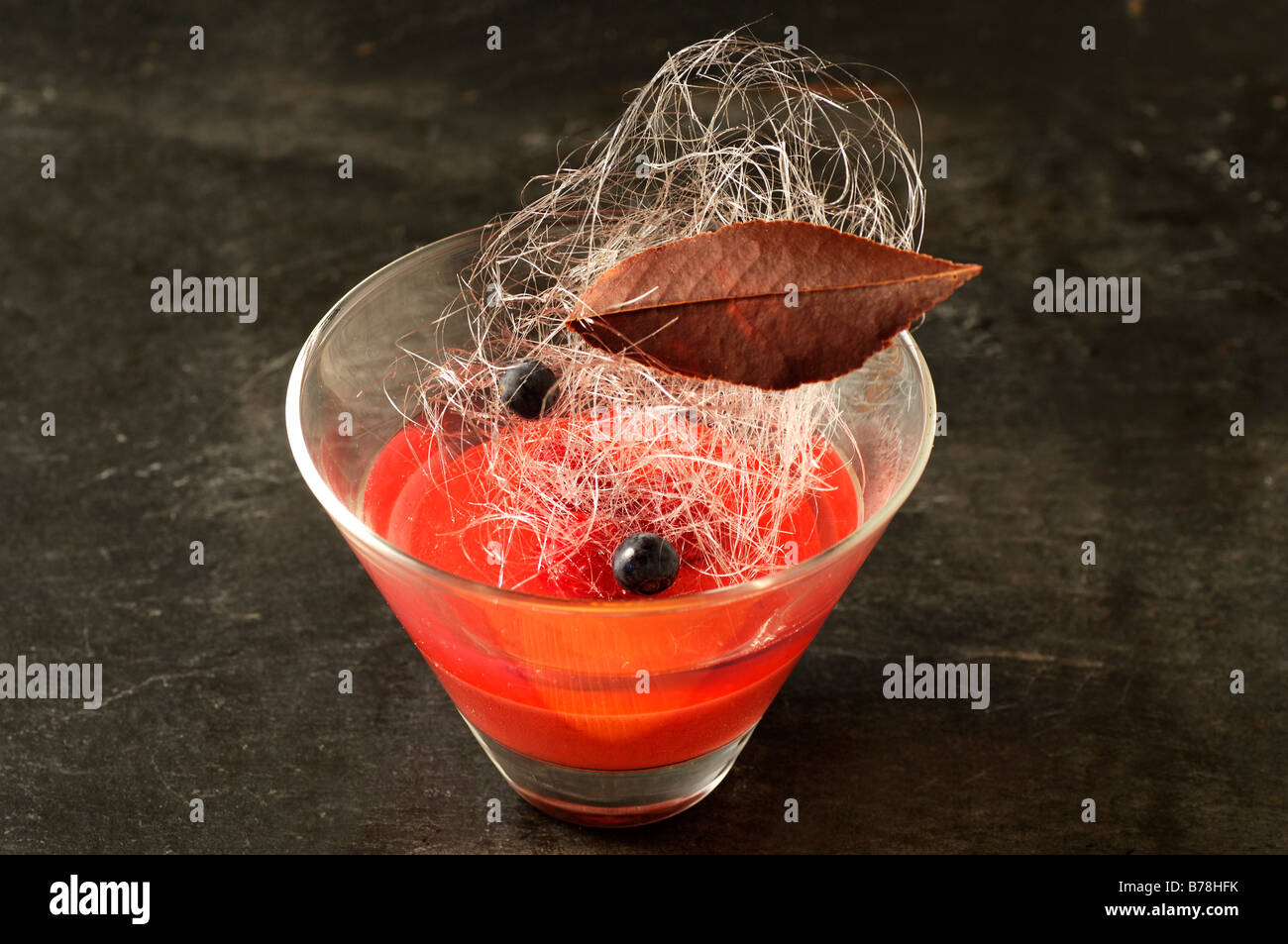 'Apéro', Raspberry mouse topped with spun sugar, Haute Cuisine, Labaroche, Alsace, France, Europe Stock Photo