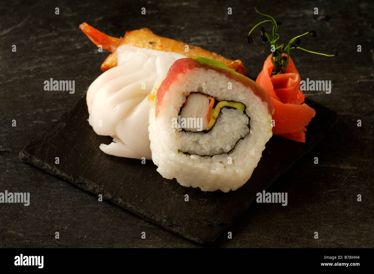 'Apéro', California roll, spring roll and brined ginger, Haute Cuisine, LLabaroche, Alsace, France, Europe Stock Photo