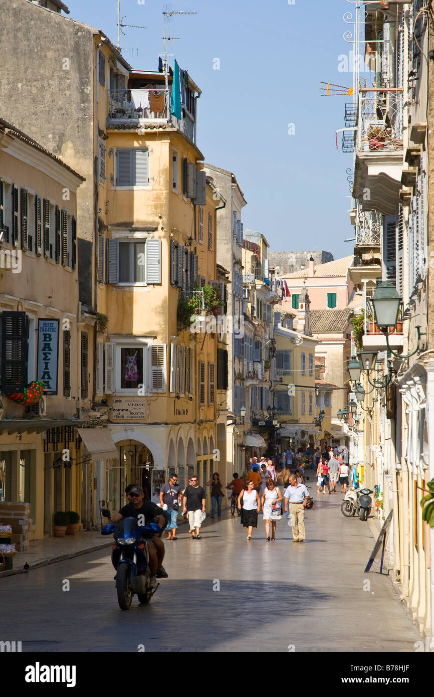 A typical street scene of Corfu town in the Old Town area, Corfu, Greece Stock Photo