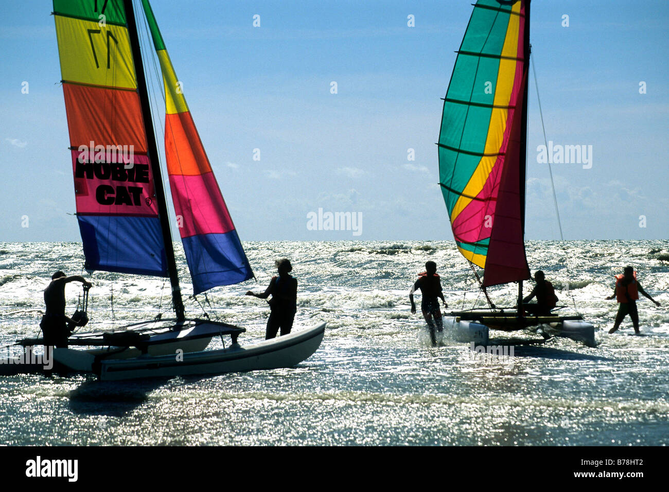 Colourful sailing boats at the beach in Hardelot-Plage, a bathing resort between North Sea, Straits of Dover, Cote de Opale and Stock Photo