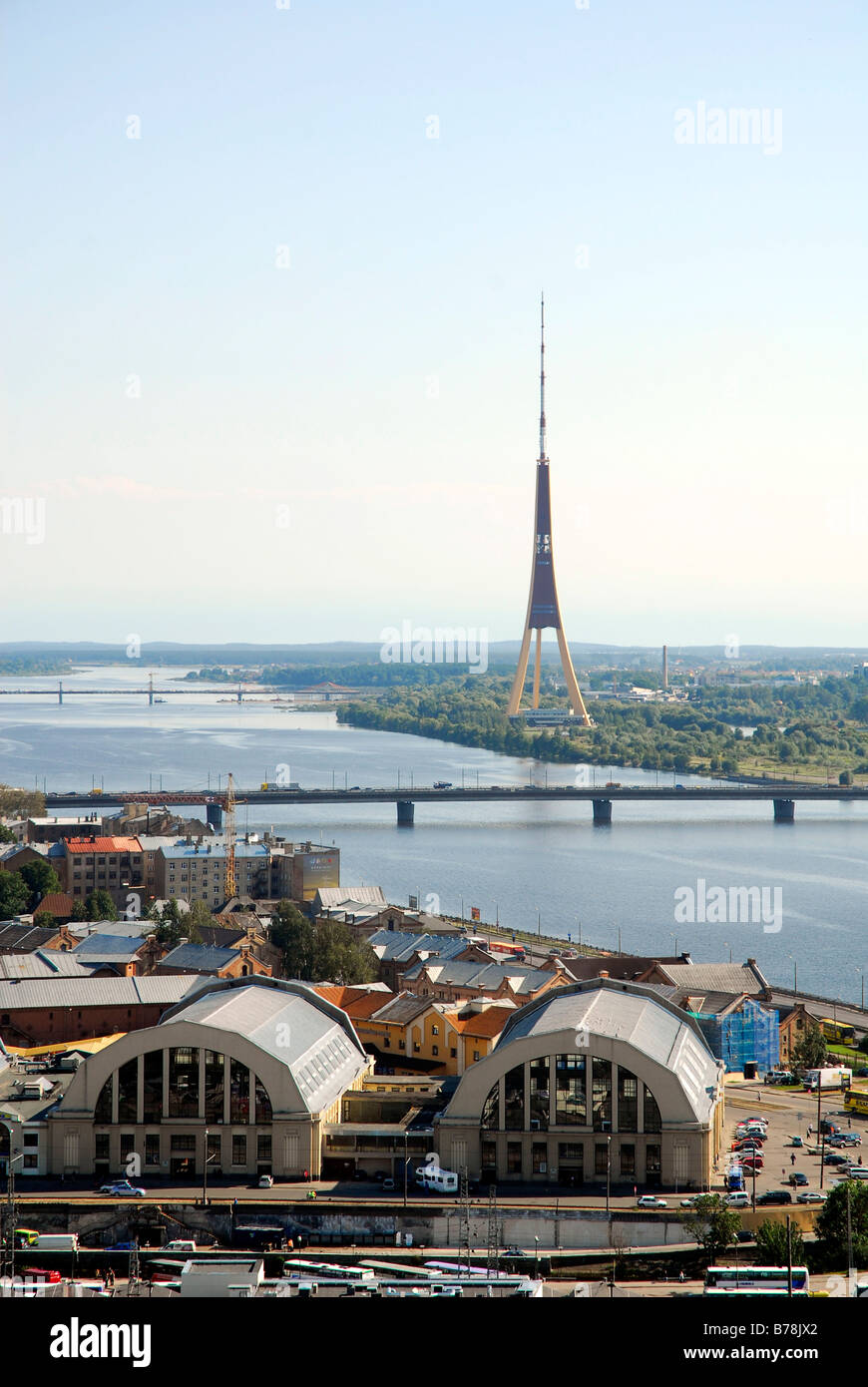 View from the St. Peter's Cathedral on the Central Market, Centraltirgus, the Daugava, Duena river and the television tower, Ri Stock Photo
