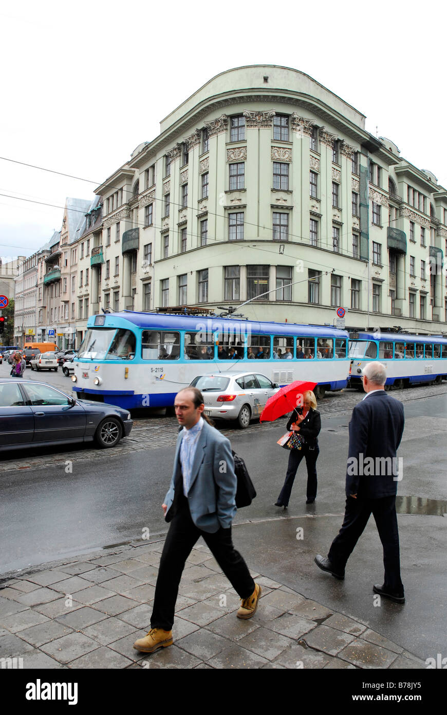 Public transport, tram in the Kr. Barona iela, Elizabetes iela street, Riga, Latvia, Baltic States, Northeast Europe Stock Photo