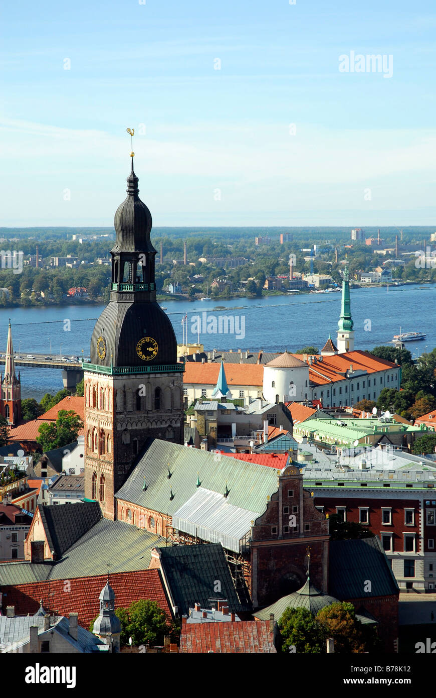 View from St. Peter's Church, Sv. Petera baznica, over the Daugava River and the Doma baznica Cathedral in the historic town ce Stock Photo