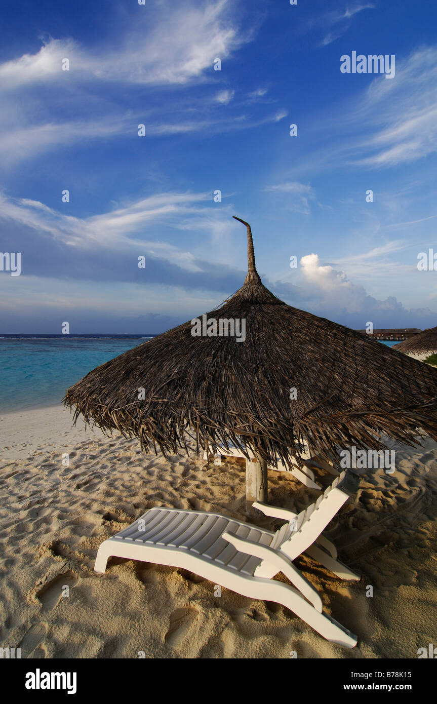 Sun shade on the beach, Laguna Resort, The Maldives, Indian Ocean Stock Photo