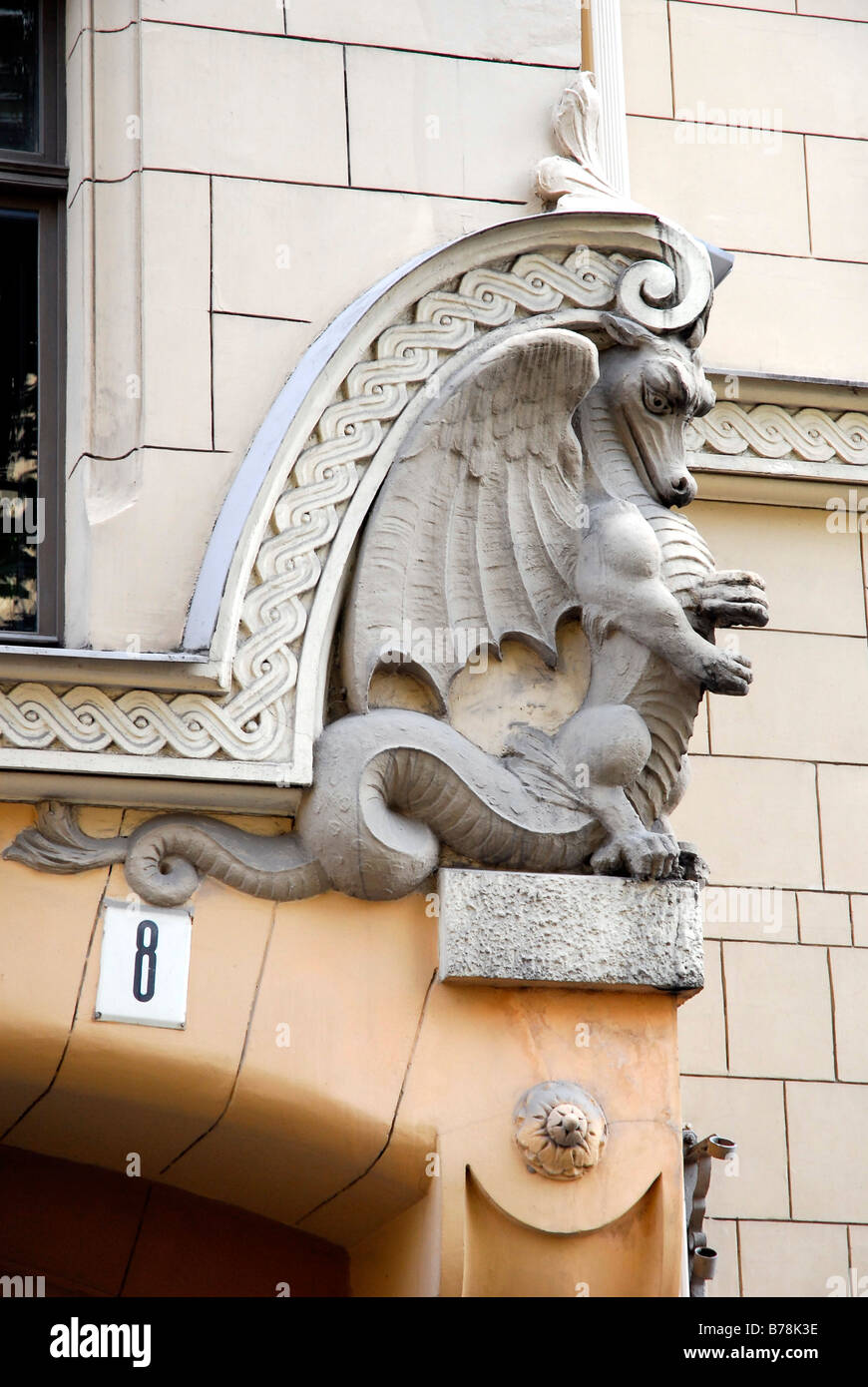 Dragon sculpture, detail of an Art Nouveau facade in Antonijas iela street, Riga, Latvia, Baltic states, Northeastern Europe Stock Photo