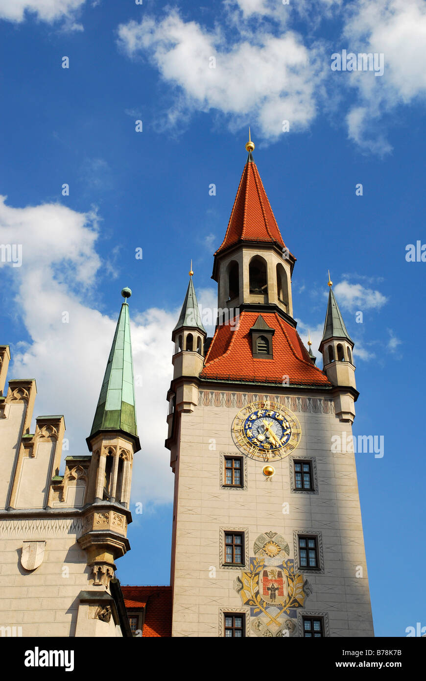 Old town hall, the reconstructed tower presently holds the toy museum, Marienplatz square, historic city centre, Munich, Upper  Stock Photo