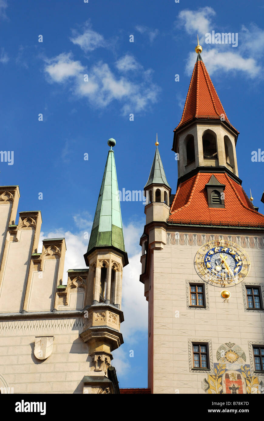 Old town hall, the reconstructed tower presently holds the toy museum, Marienplatz square, Altstadt, Old Town, Munich, Upper Ba Stock Photo