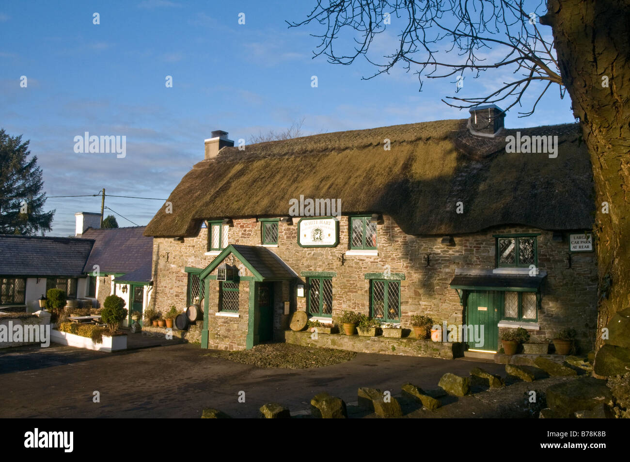 The White Hart Inn Llanddarog a thatched stone built pub in a small village in rural Carmarthenshire, Wales Stock Photo