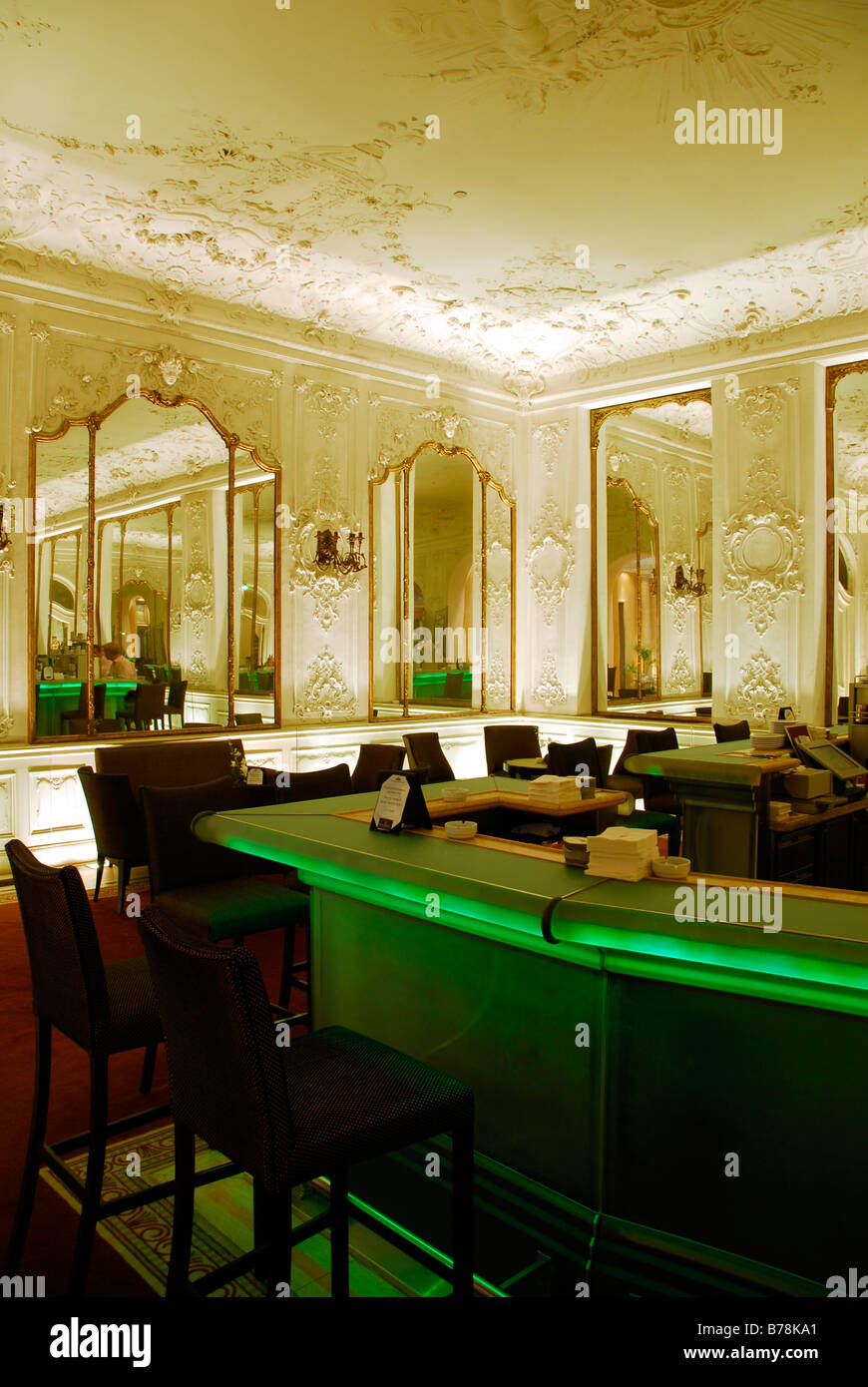 Counter of Falk's Bar in the refurbished hall of mirrors, Hotel Bayerischer Hof at Promenadeplatz square, city center, Munich,  Stock Photo