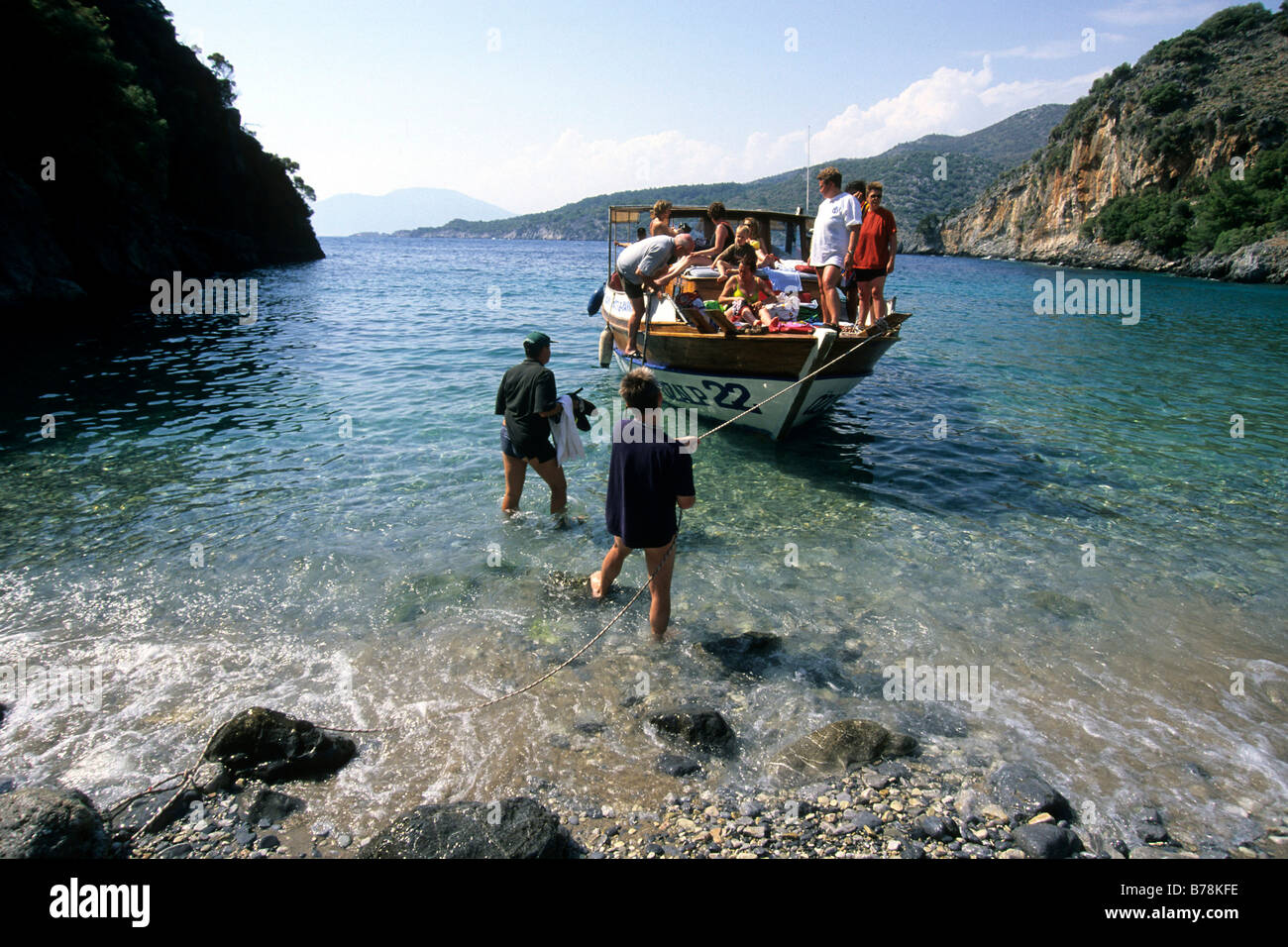 Boat on a beach in a bay between Dalyan and Sarigerme, Mugla Province, Mediterranean, Turkey Stock Photo