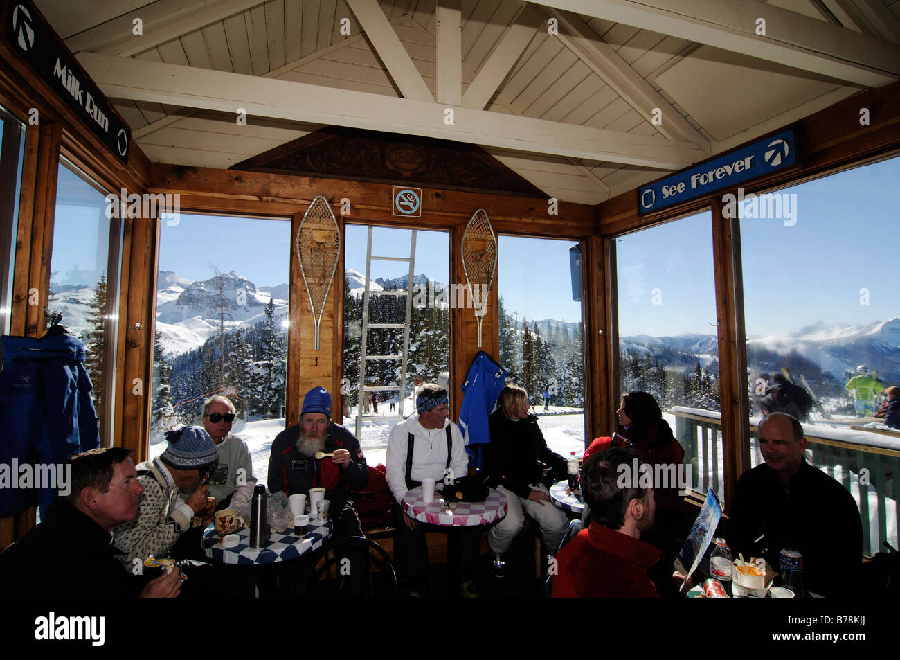 Ski fanatics in Guiseppes Restaurant, Black Iron Bowl in the ski region Telluride, Colorado, USA, North America Stock Photo