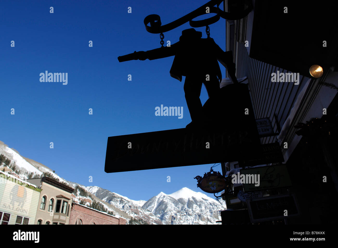 Bountyhunter, antiques shop, sign, Mainstreet, Telluride, Colorado, USA Stock Photo