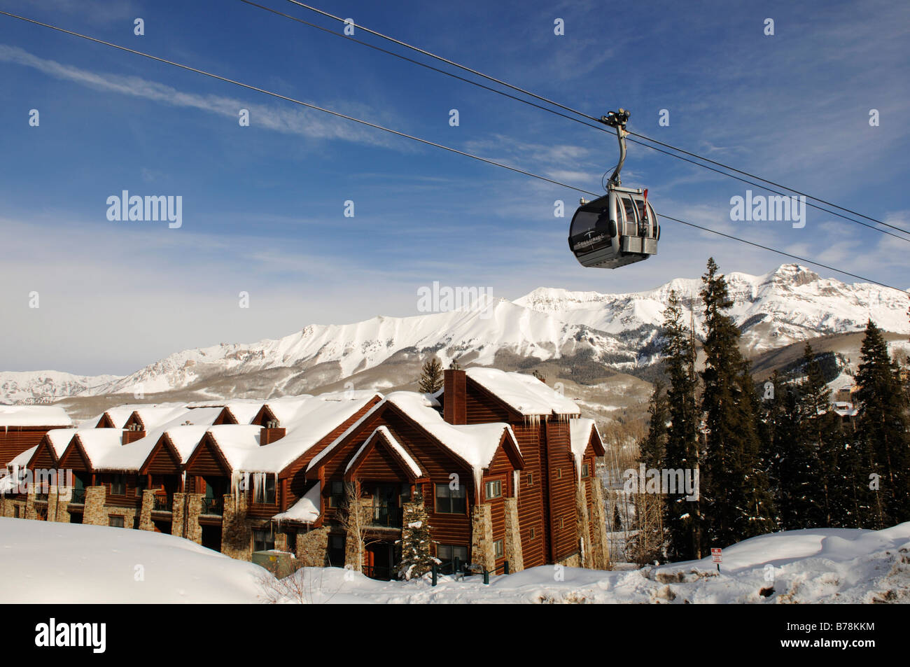 Gondola, Lodges, Mountain Village, skiing area Telluride, Colorado, USA Stock Photo
