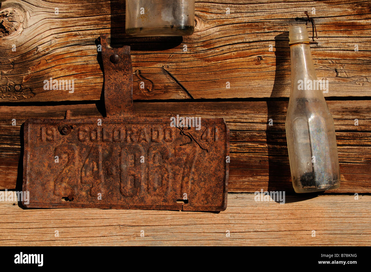 Rusted Colorado number plate at an old lodge, Dunton Hot Springs Lodge, Colorado, USA Stock Photo