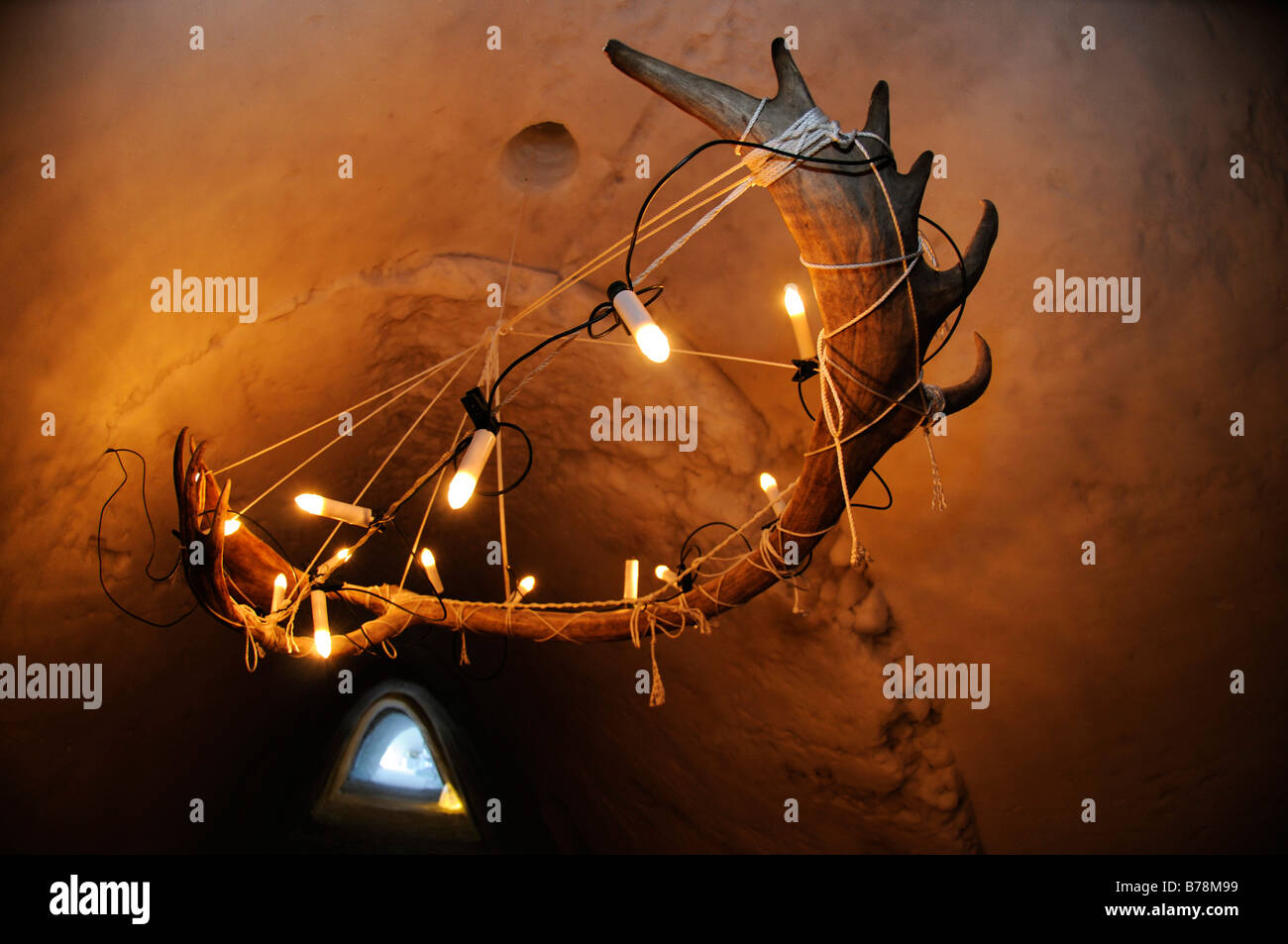 Caribou-antlers as lamp in igloo-hotel, Snow Hotel, Kirkenes, Finnmark, Lapland, Norway, Scandinavia, Europe Stock Photo