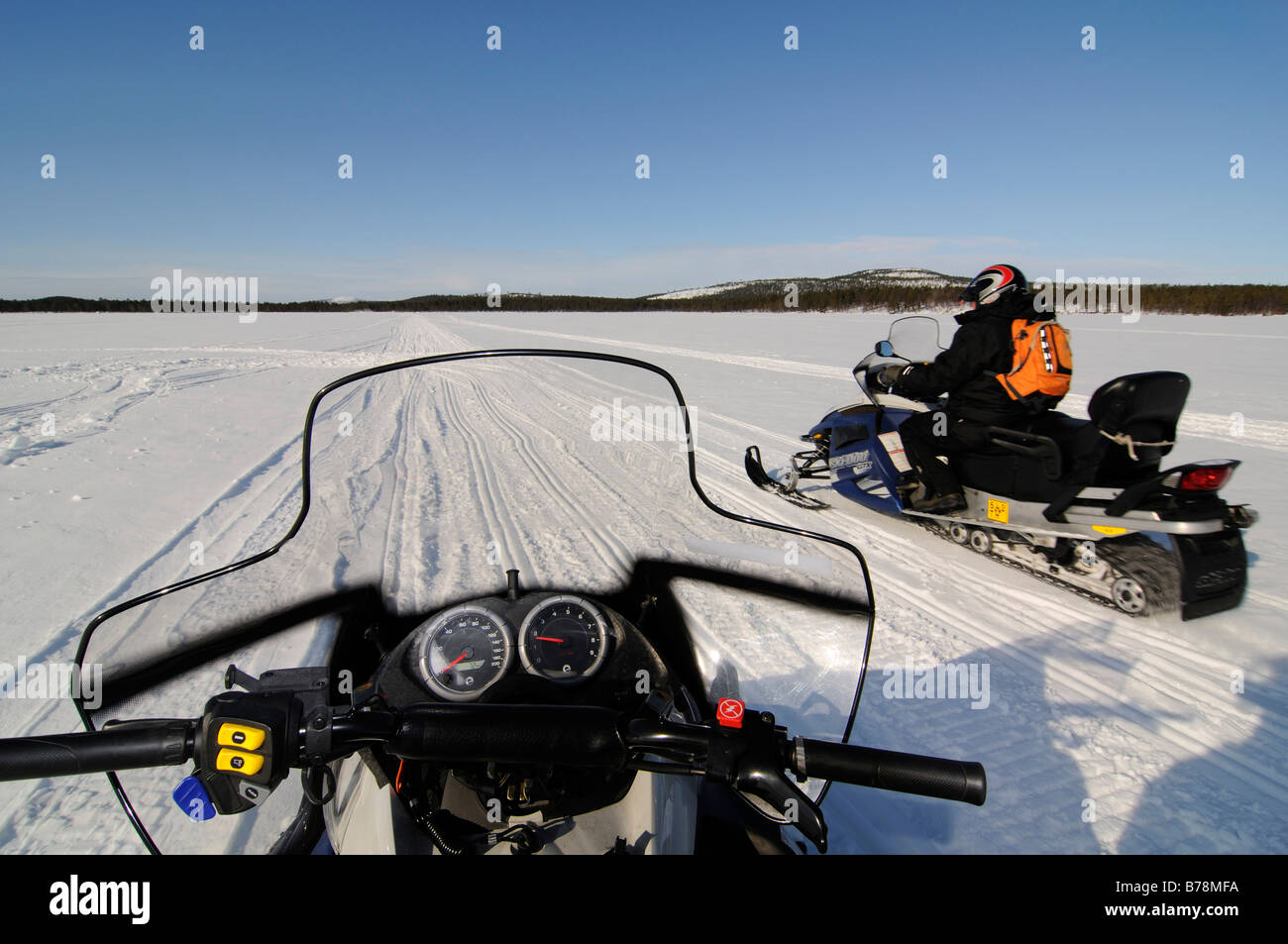 Snowmobile tour on Lake Inari, Inari, Lapland, Finland, Europe Stock