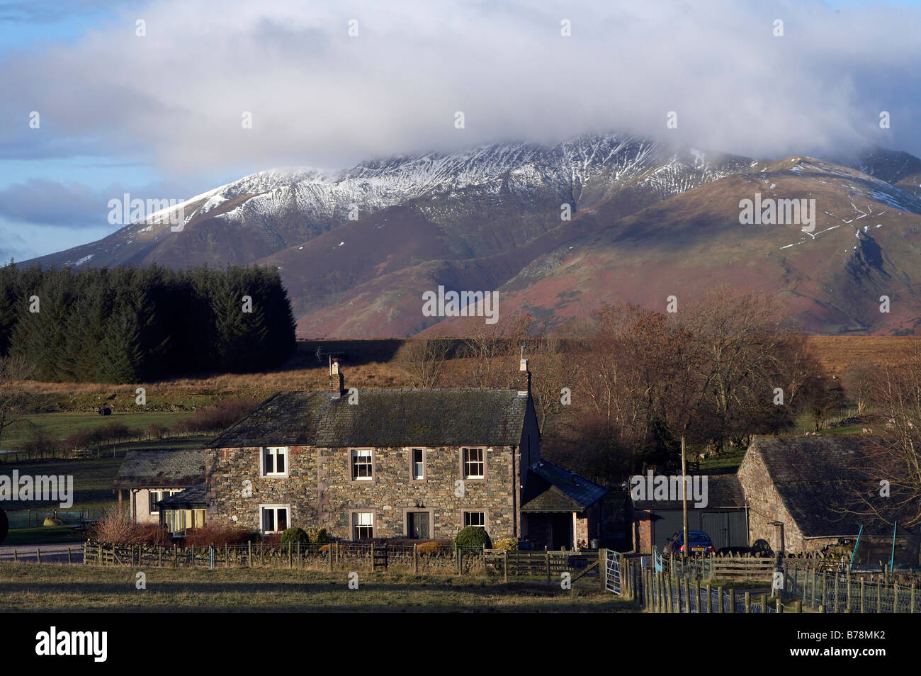 Farm house and buildings below Blencathra English Lake District Stock Photo