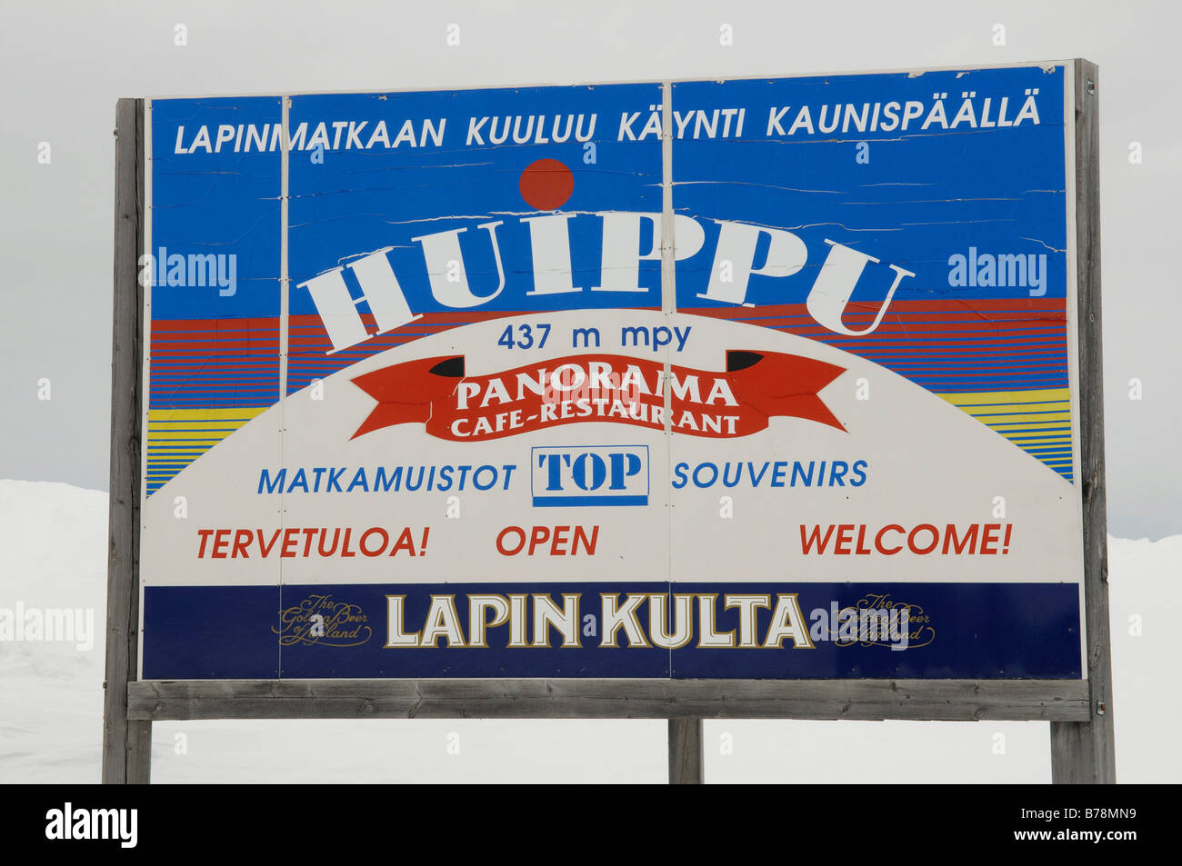 Sign, Huippu mountain hut in the Saariselkae skiing area, Ivalo, Lapland, Finland, Europe Stock Photo