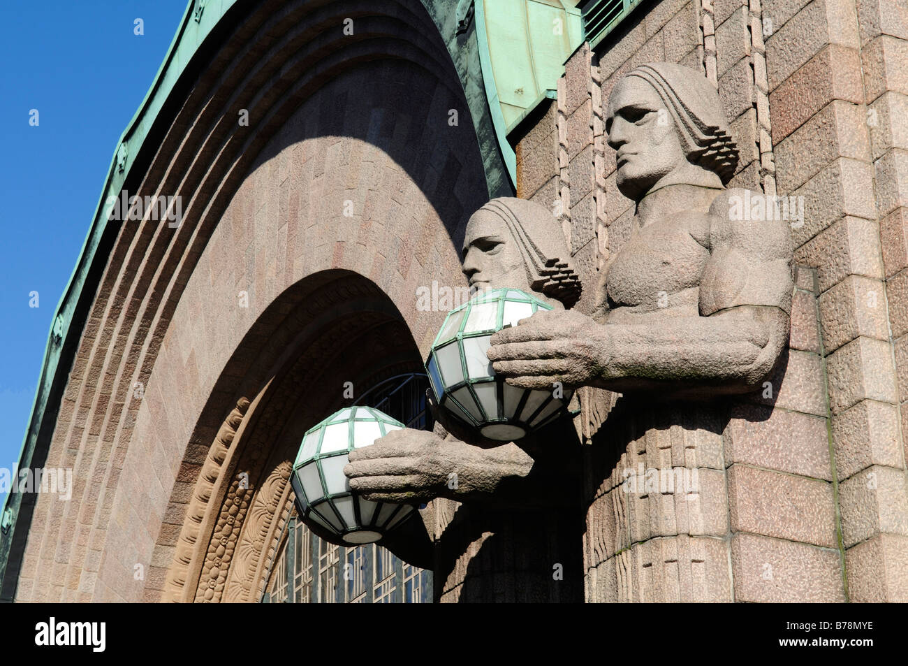 Main train station with Art Nouveau statues, Helsinki, Finland, Europe Stock Photo