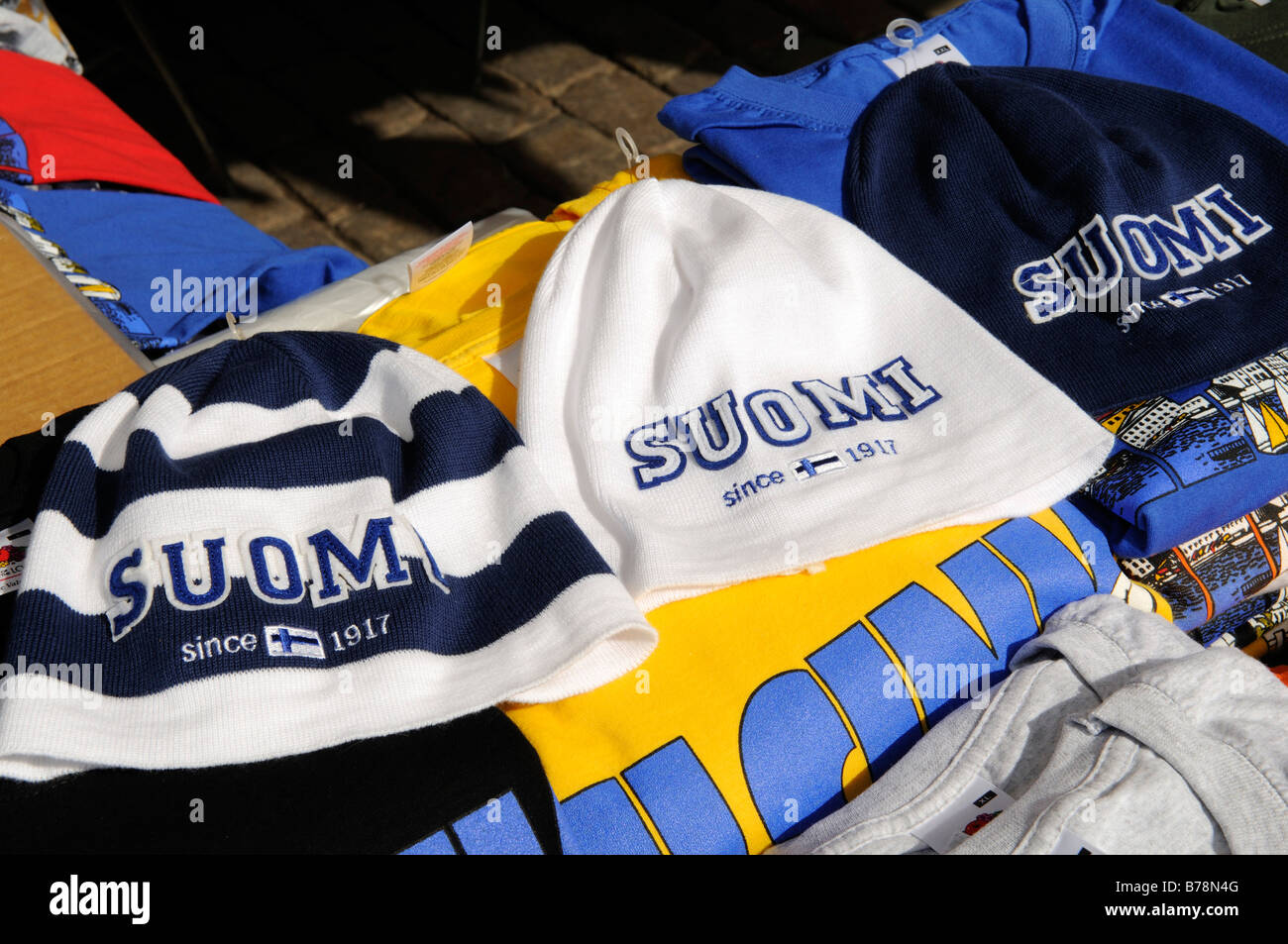 Caps with a Suomi label at a market, Esplanade, Helsinki, Finland, Europe Stock Photo