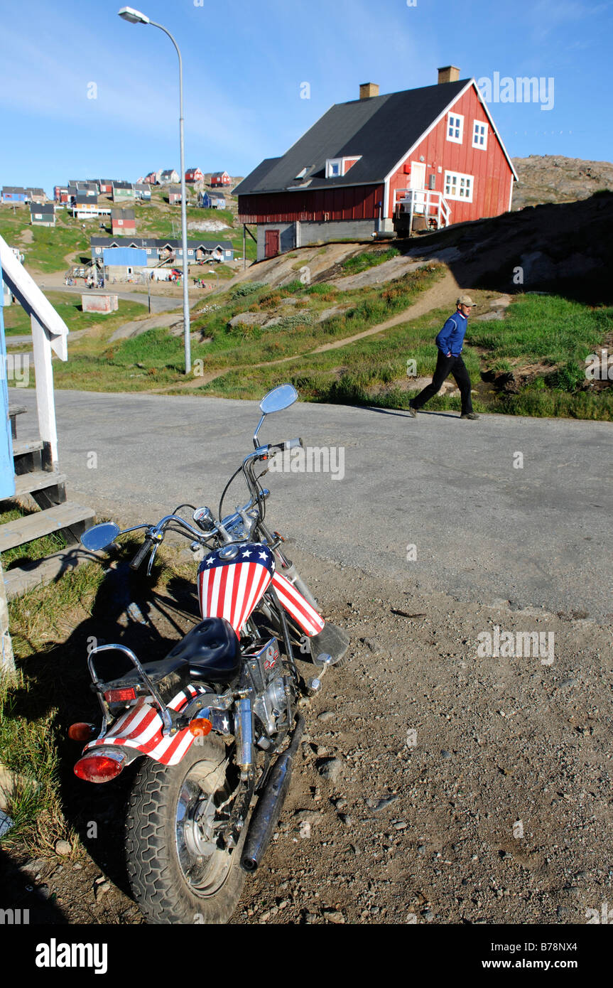 US Star-Spangled Banner motorbike, Tasiilaq, Ammassalik, East Greenland, Greenland Stock Photo