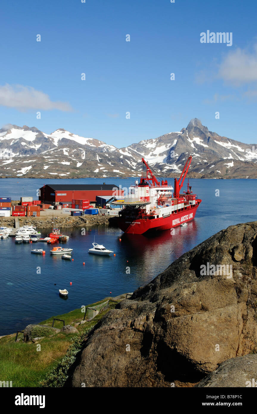 Supply ship of Royal Arctic Line in Kong Oscar Fjord, Ammassalik, East Greenland, Greenland Stock Photo