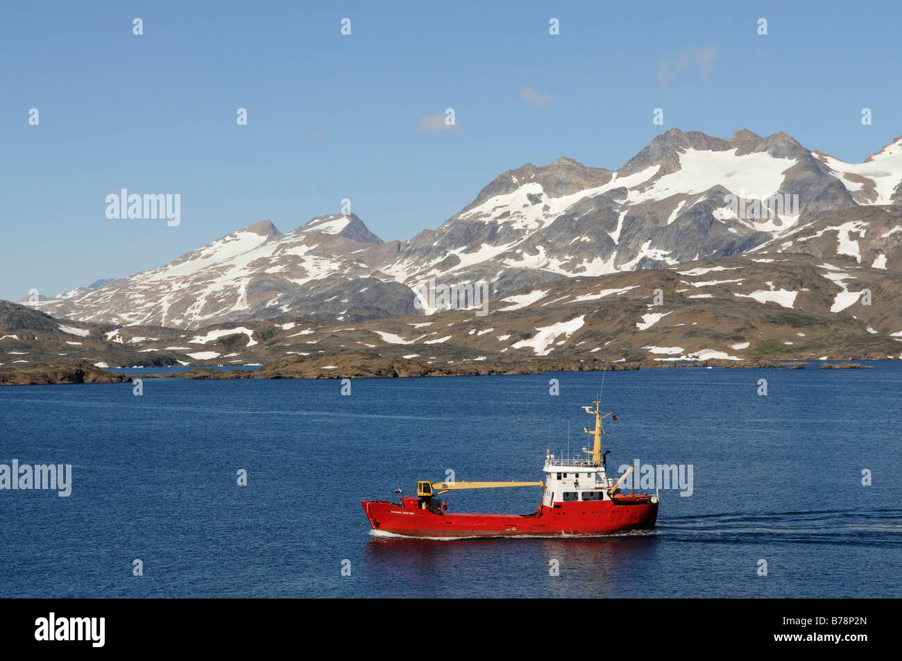 Dredger in the Kong-Oscar-Fjord, Tasiilaq, Ammassalik, East-Greenland, Greenland Stock Photo