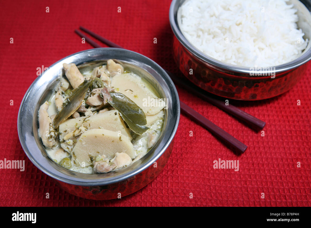 Thai green curry with chicken,bamboo shoots,kaffir lime leaves,chopped