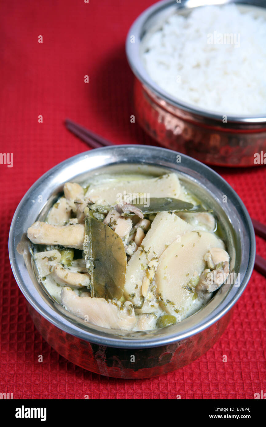 Thai green curry with chicken,bamboo shoots,kaffir lime leaves,chopped