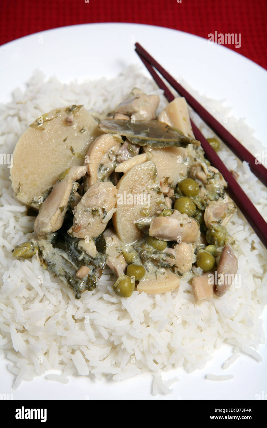 Thai green curry with chicken,bamboo shoots,kaffir lime leaves,chopped