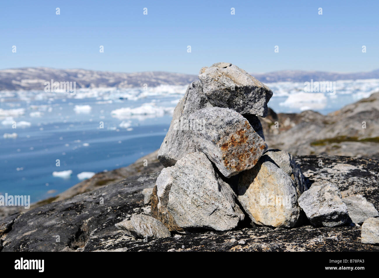Man made of stone in Tineteqilag, Sermilik Fjord, East Greenland, Greenland Stock Photo