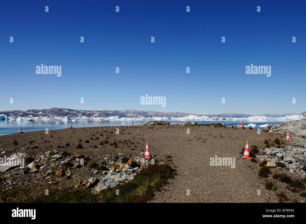 Helicopter landing area, Heliport in Tineteqilag, Sermilik Fjord, East Greenland, Greenland Stock Photo