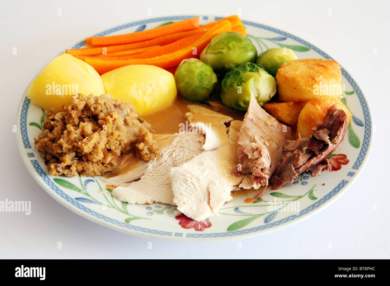 Turkey roast potatoes brussels sprouts gravy hires stock photography