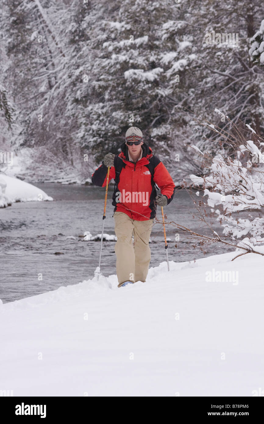 A man snow shoeing along the Truckee river while it snows in Truckee in California Stock Photo