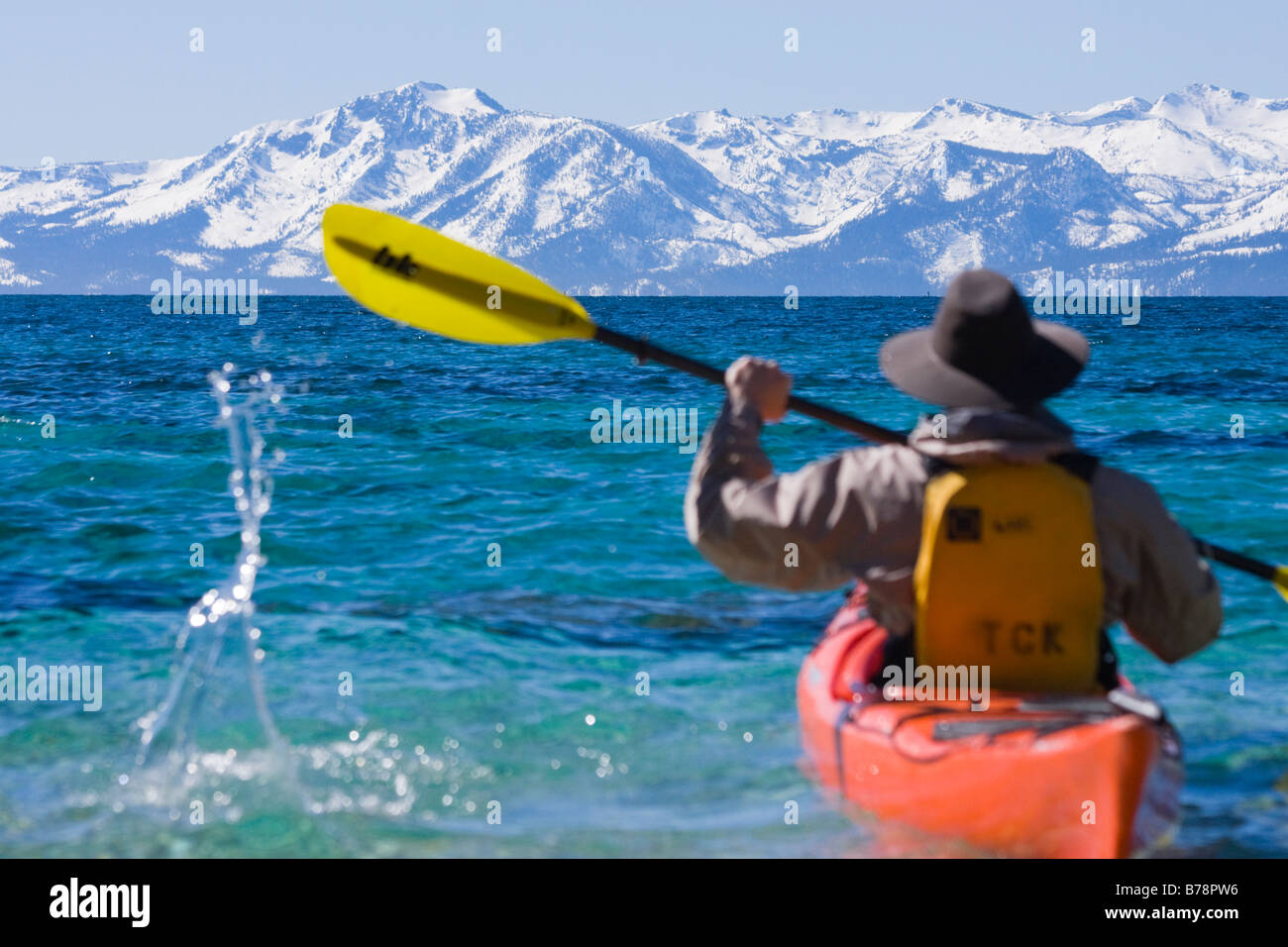 A man sea kayaking on Lake Tahoe near Incline Village in Nevada Stock Photo
