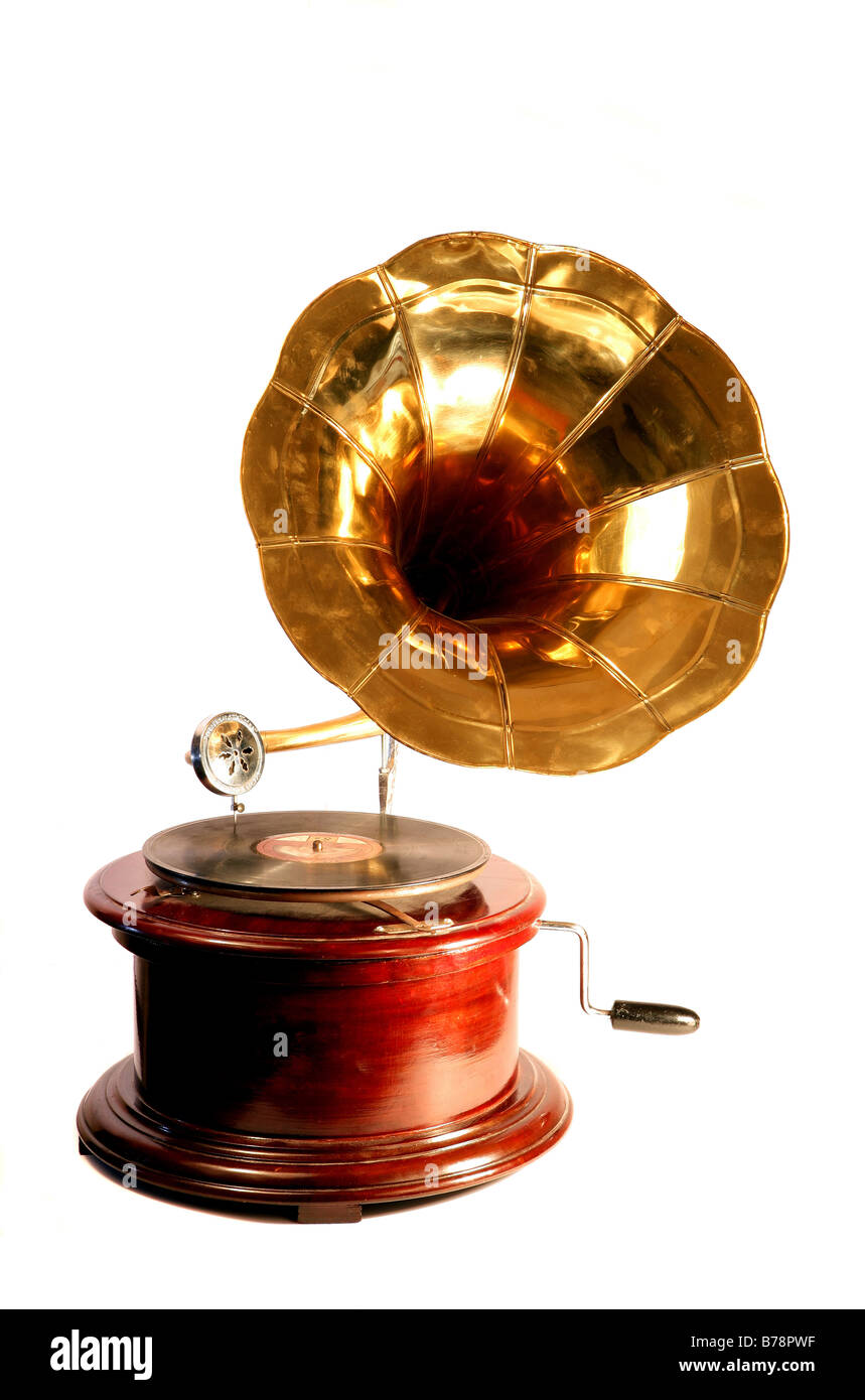 An antique gramophone,with a 78rpm record,isolated on white Stock Photo