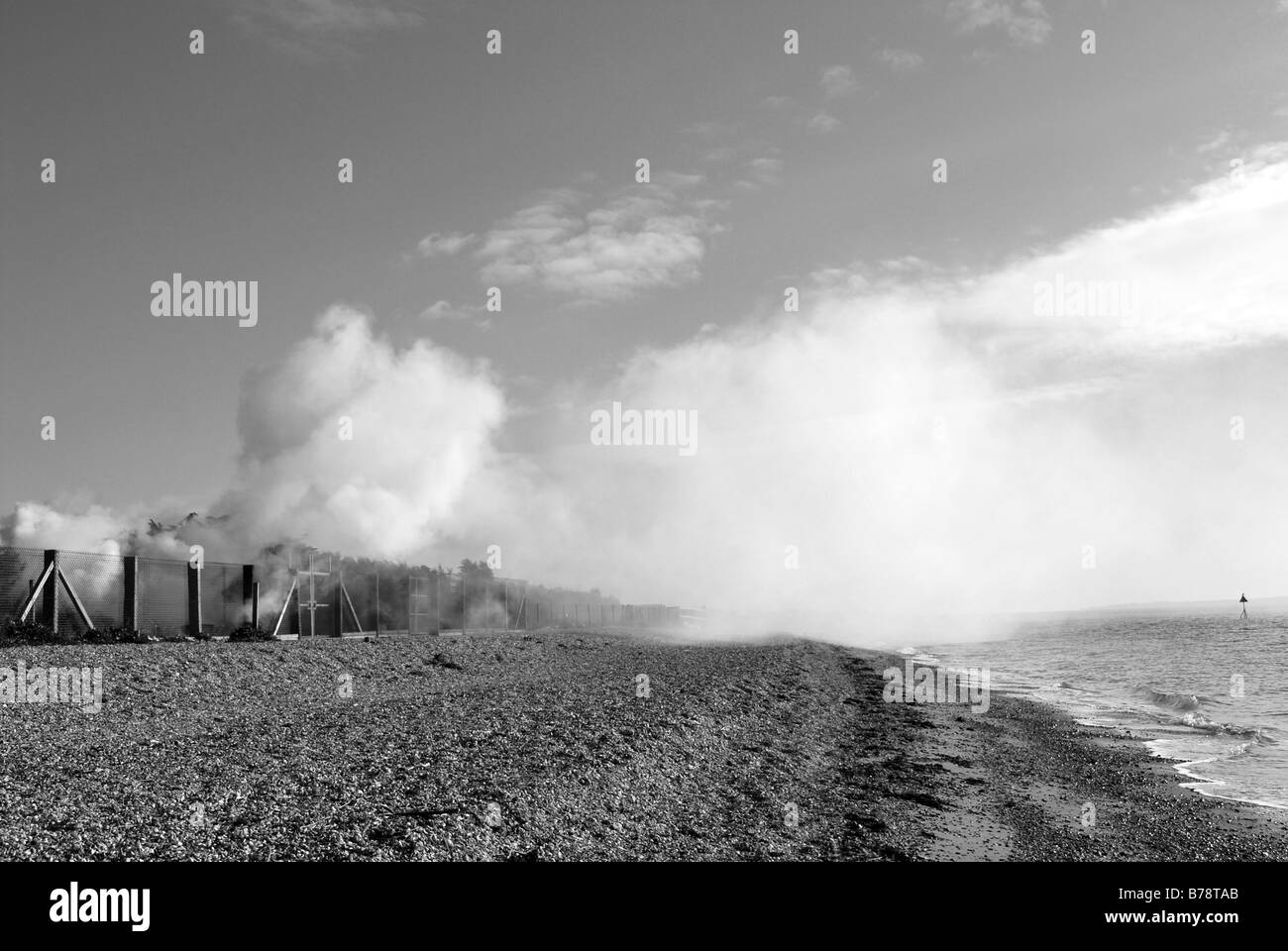Fire on the beach in black and white Stock Photo