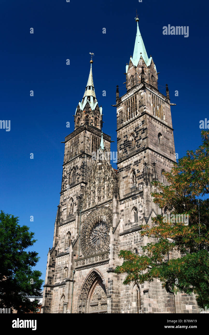 Towers of Gothic church St. Lorenz, old city, Nuremberg, Middle Franconia, Bavaria, Germany, Europe Stock Photo