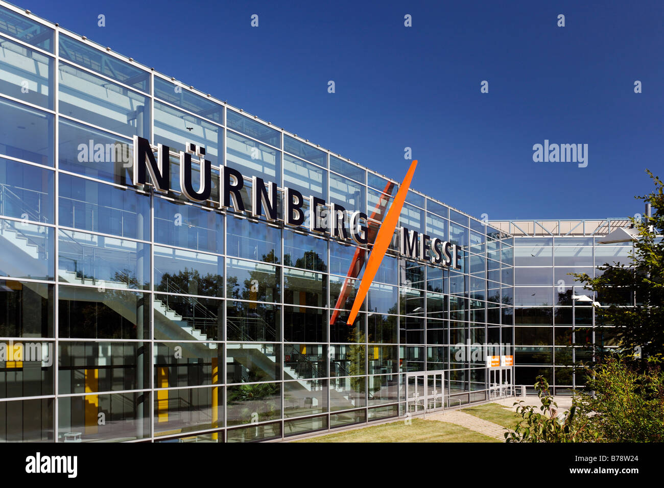 Exhibition hall at Nuremberg Messe with logo, exibition area, Nuremberg, Middle Franconia, Bavaria, Germany, Europe Stock Photo