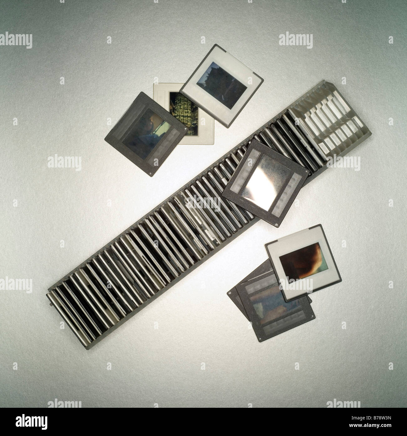 Slides and slide box, elevated view Stock Photo - Alamy