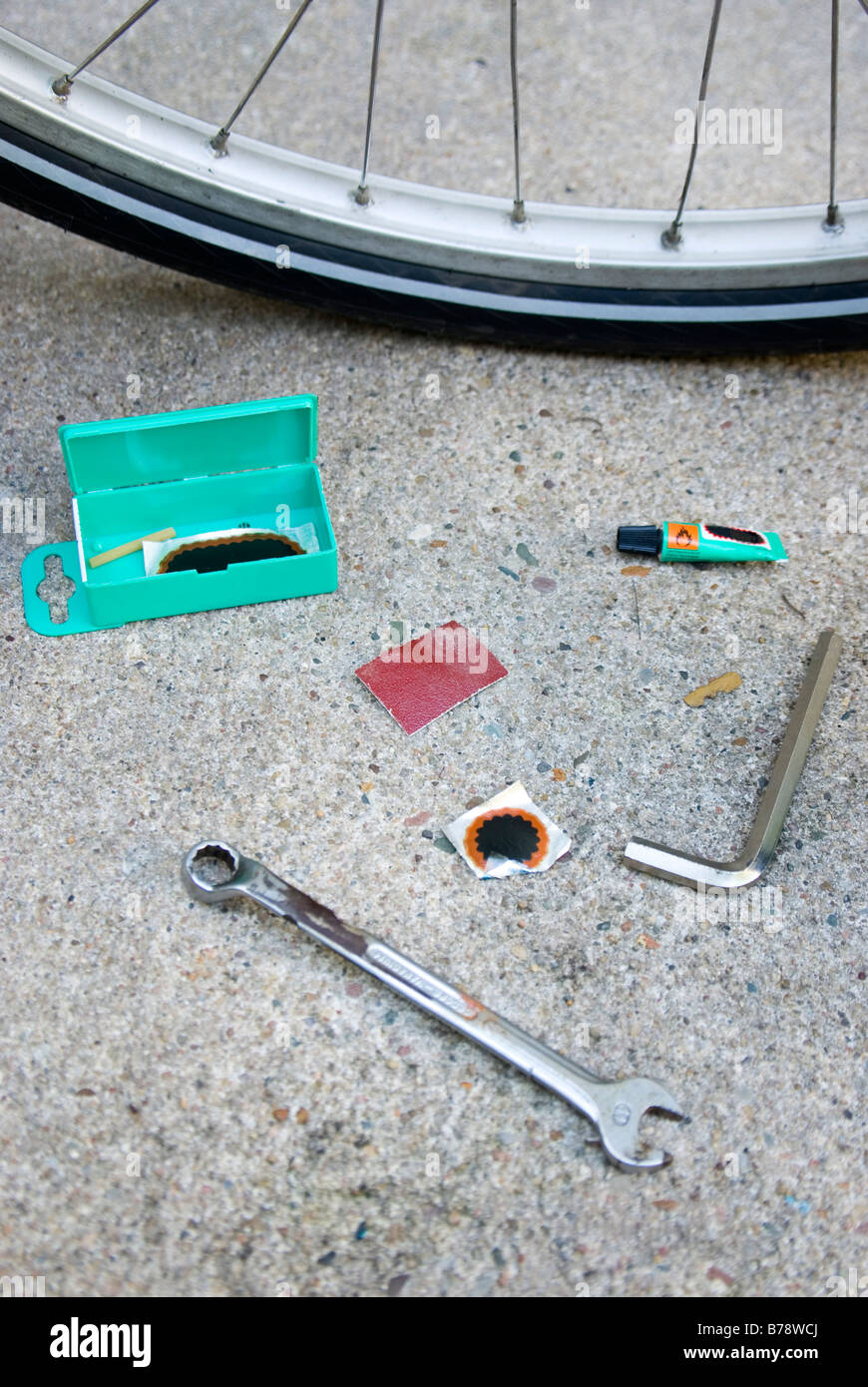 Bicycle repair kit and bicycle, elevated view Stock Photo Alamy