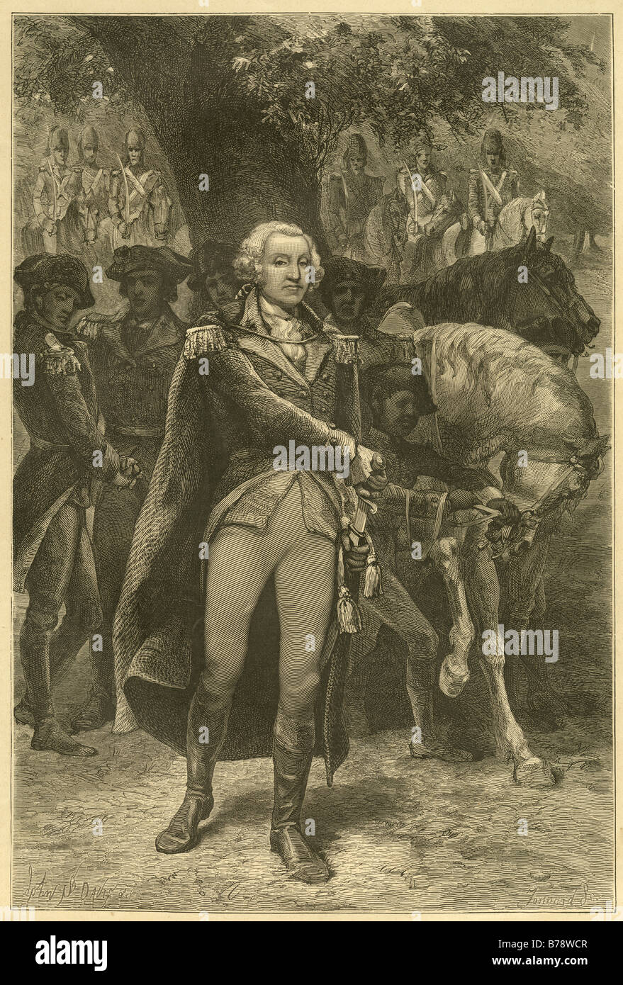 Circa 1880s engraving depicting "Washington Taking Command," original painting by John S. Davis. Stock Photo