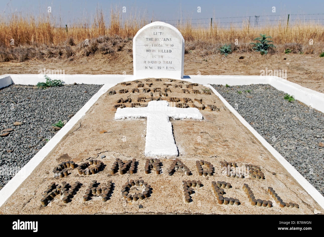 Inscription made of cartridge shells on a grave to the unknown soldiers of the Boer War, Kwazulu-Natal, South Africa, Africa Stock Photo