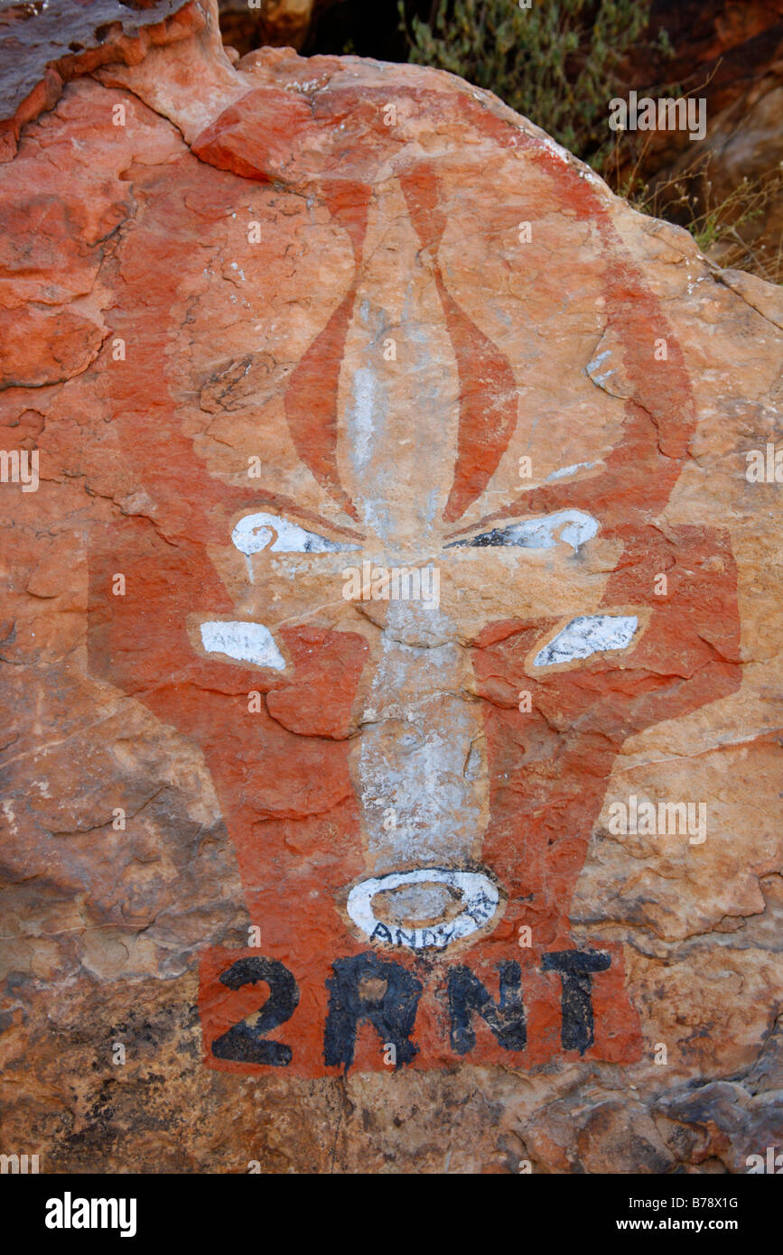 Eemblem of a South African army units stationed on the Limpopo river overlooking Zimbabwe painted on a rock Stock Photo