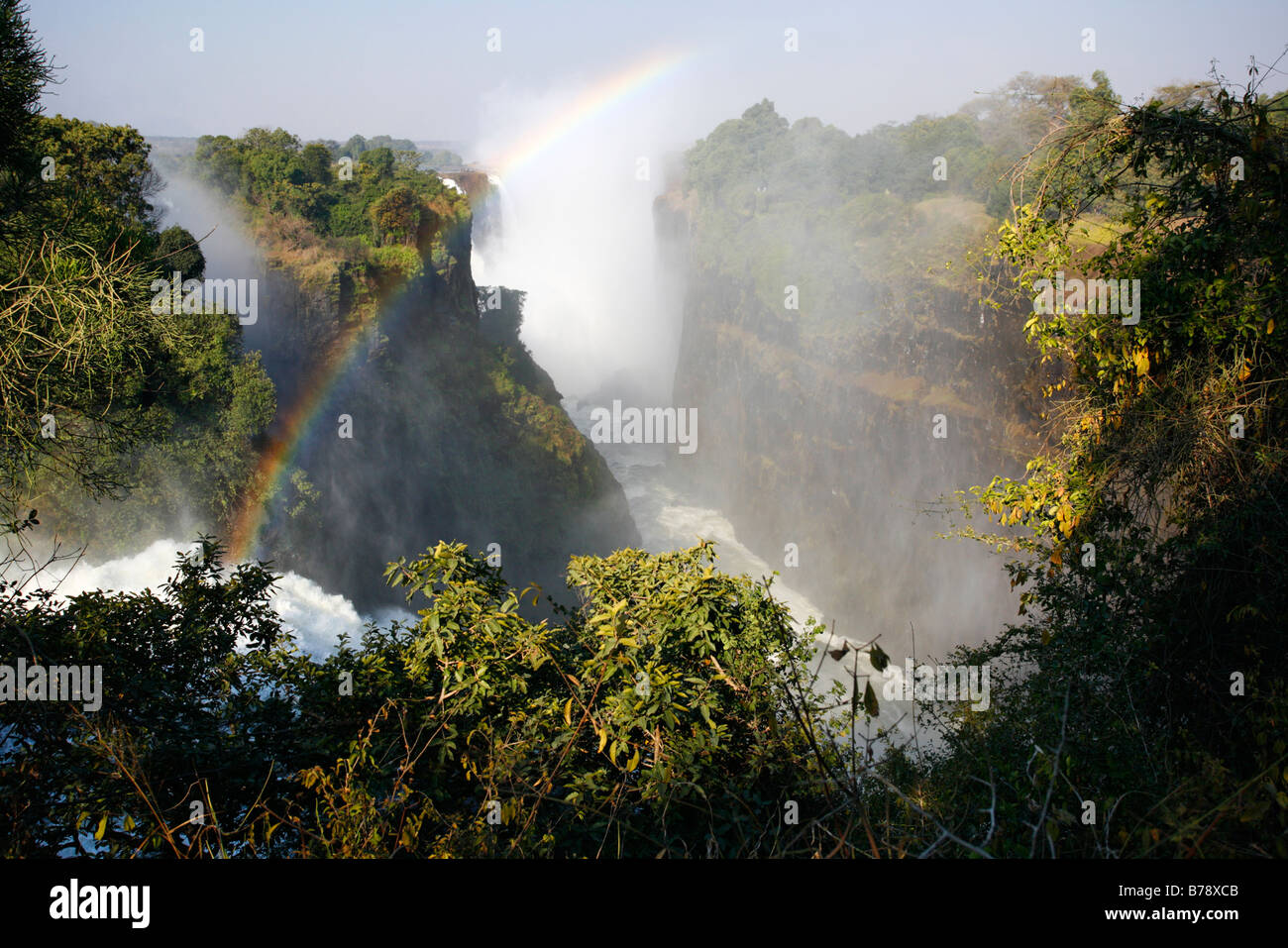Victoria falls on the Zambezi river with a view down the Devils Cataract Stock Photo