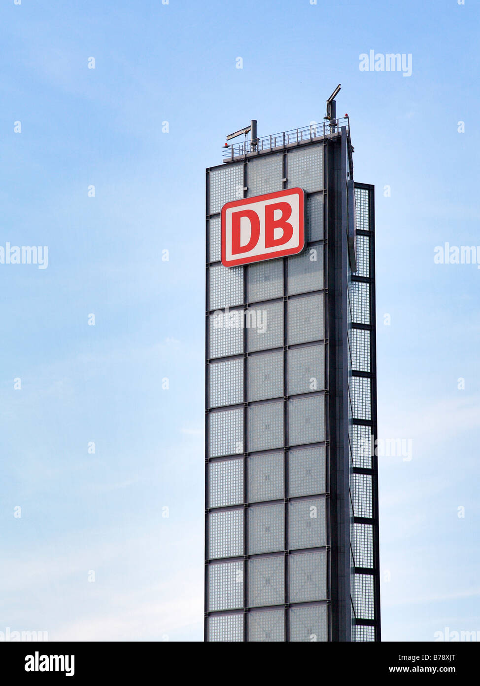 Tower with the DB or Deutsche Bahn or German Railways logo, Berliner Hauptbahnhof or Berlin Central Train Station, southern ent Stock Photo