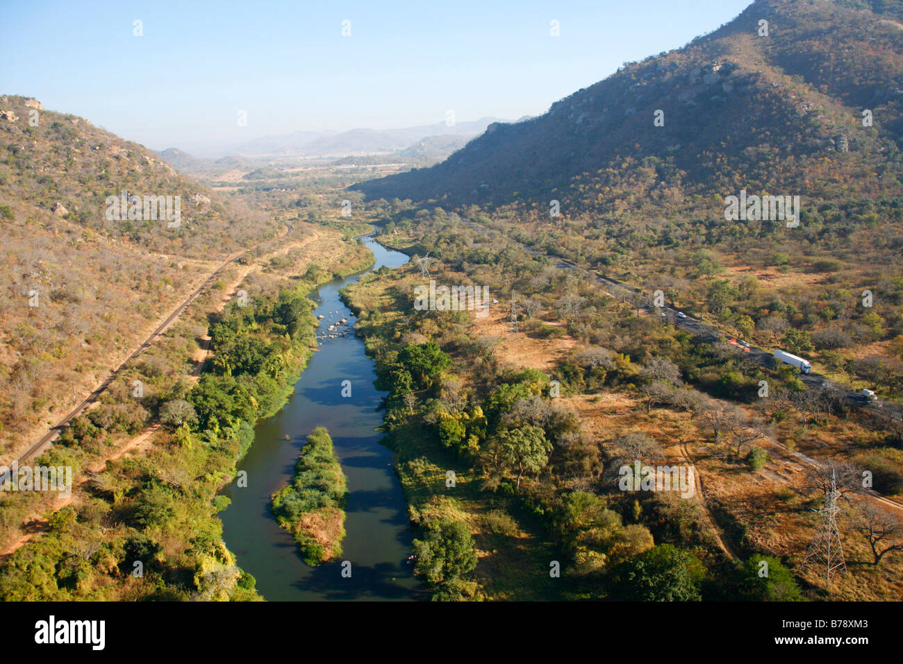 Aerial view of the Crocodile River in the gorge and the N4 National Road connecting Nelspruit to Maputo Stock Photo