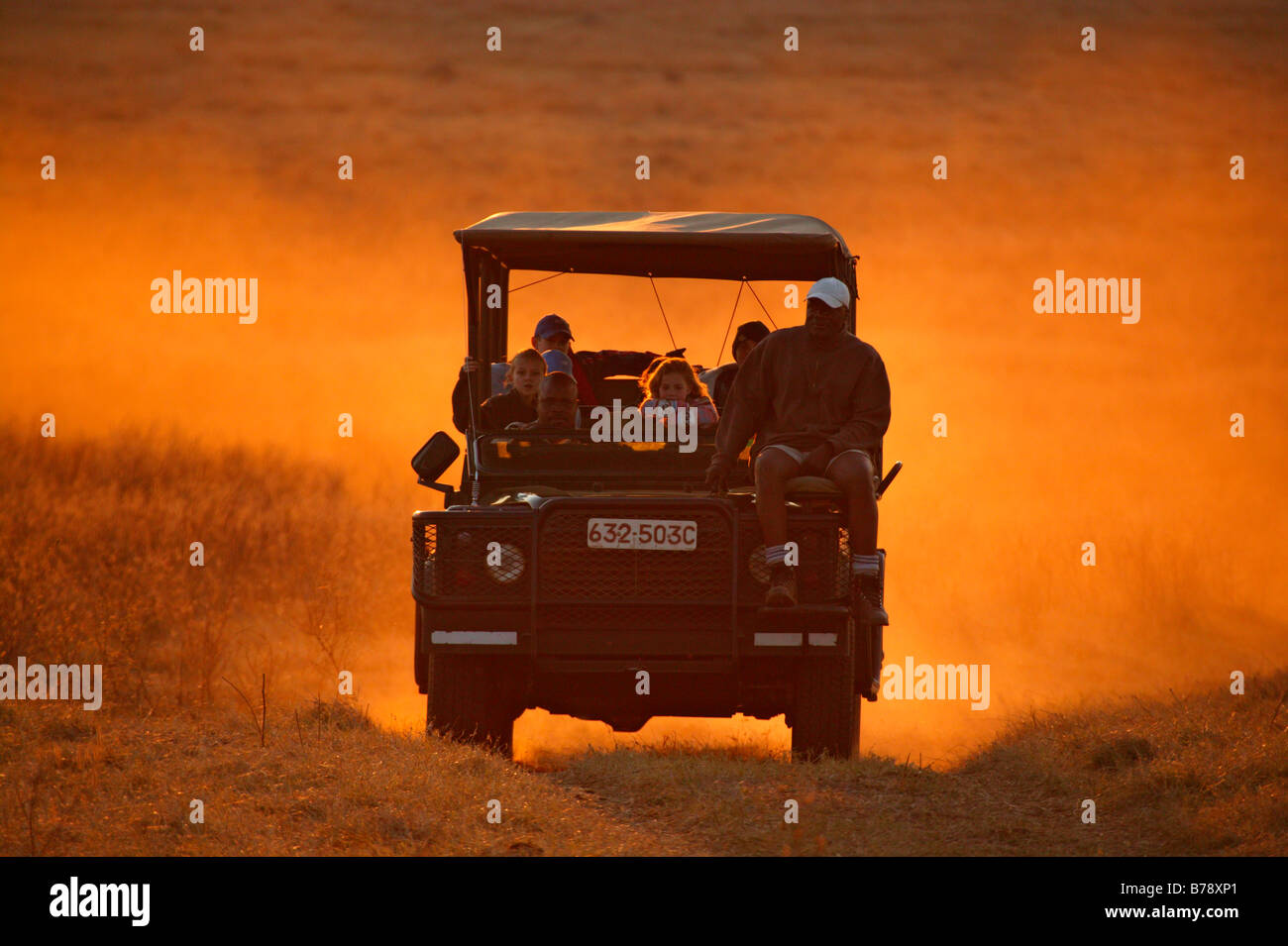 An open game drive vehicle with children returning from a drive at sunset Stock Photo