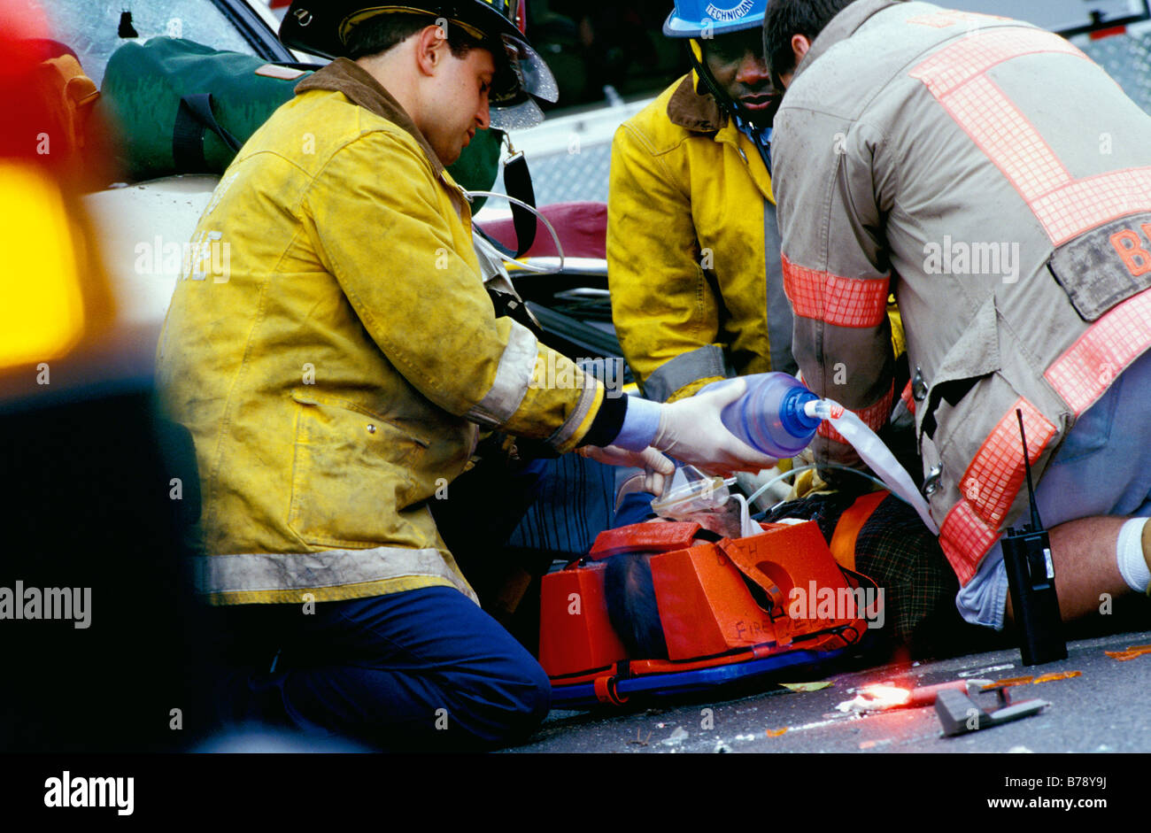 EMTs at the scene of an accident Stock Photo