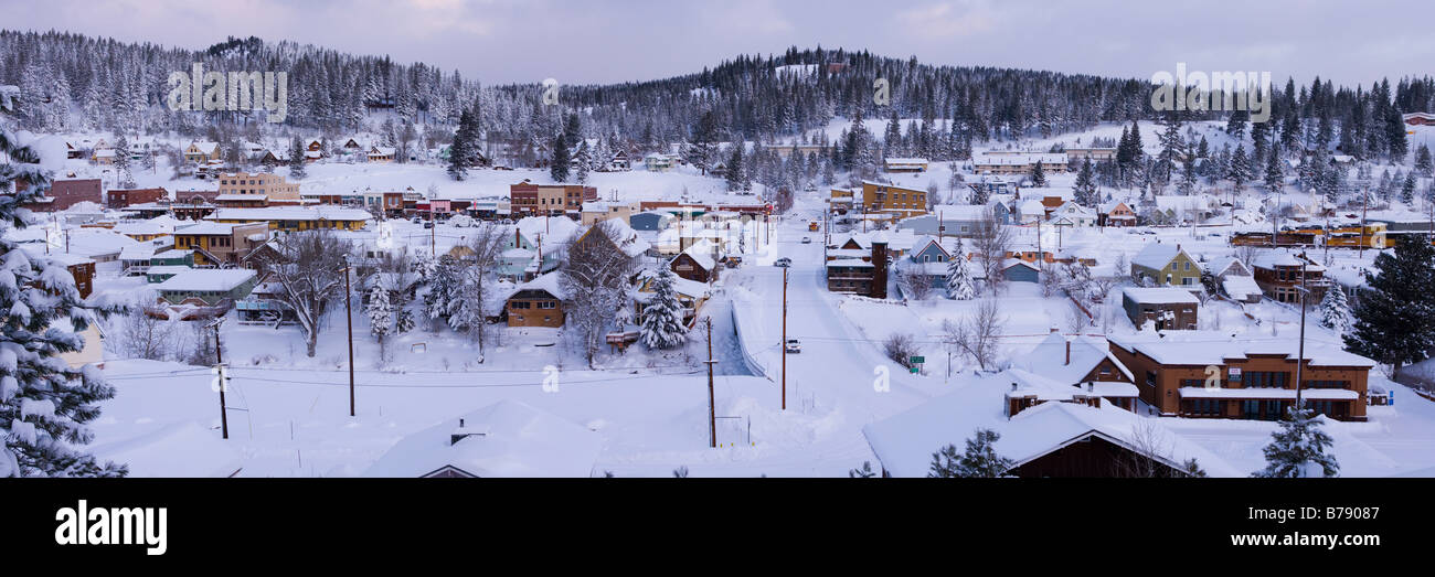 A panorama photo of the town of Truckee California after a snow storm Stock Photo